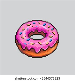 Ilustración de arte de píxeles Donut. Donut pixelado. Donut Doughnut Cake Fast Junk Food Icon pixelado para el juego de arte de píxeles e ícono para el Sitio web Video y el juego.