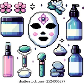 A pixel art illustration featuring a collection of skincare and beauty products. This vibrant vector set includes items such ,. Perfect for use in beauty, wellness, and self-care themed projects.