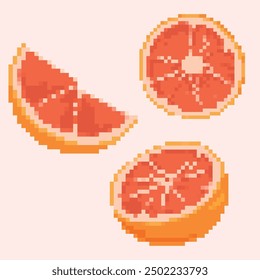 Pixel art illustration featuring a grapefruit slice and two halved grapefruits on a soft pink background. Ideal for retro-inspired designs, digital art, and citrus-themed projects