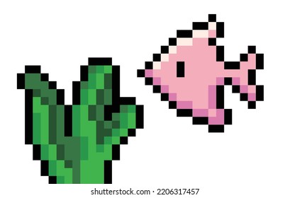 Pixel art illustration of fish and seaweed