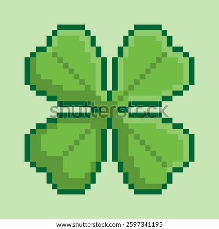 A pixel art illustration of a four leaf clover, a symbol of good luck. Featuring a simple, stylized clover with a light green background, perfect for St. Patrick's Day or general good fortune themes
