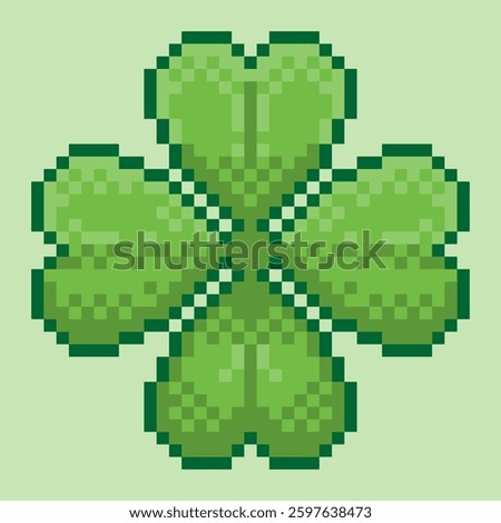 A pixel art illustration of a four leaf clover, a symbol of good luck. Featuring a simple, stylized clover with a light green background, perfect for St Patrick's Day or general good fortune themes