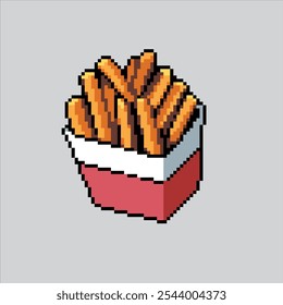 Ilustración de arte de píxeles French Fries. Comida rápida pixelada. Icono de comida chatarra rápida de patatas fritas francesas pixelado para el juego de arte de píxeles e ícono para el Sitio web Video y el juego.