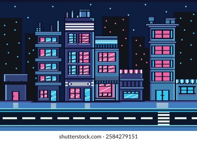 A pixel art illustration of a futuristic city with neon-lit buildings and a cyberpunk vibe. Perfect for games, animations, and creative designs.