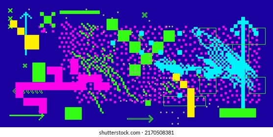 Pixel art illustration of a glitchy computer screen.