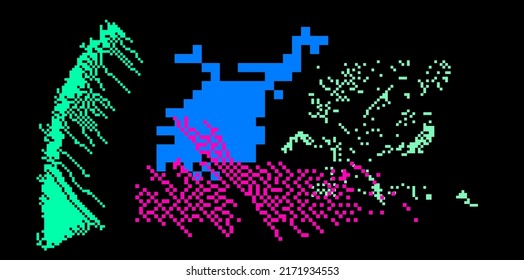 Pixel art illustration of a glitchy computer screen.
