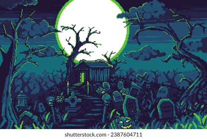 Pixelkunstgrafik, Halloween-Hintergrund. Pixel Grave. Innen ist der gruselige Horrorhintergrund für das Pixelkunstspiel und das Icon für Website- und Videospiel pixelig. Altschulretro.