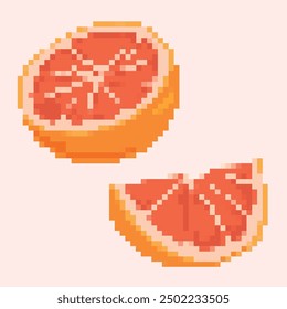 Pixel art illustration of a halved grapefruit and a grapefruit slice on a soft pink background. Perfect for retro-inspired designs, digital artwork, and vibrant fruit-themed projects