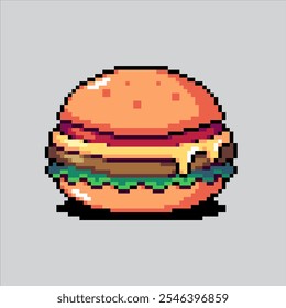 Ilustração da Pixel Art Hamburger. Hambúrguer De Carne De Bovino Pixelizado. Hamburger Beef Burger Sandwich Icon pixelated para o jogo de arte de pixel e ícone para site e vídeo game.