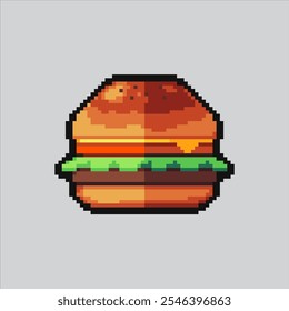 Ilustração da Pixel Art Hamburger. Hambúrguer De Carne De Bovino Pixelizado. Hamburger Beef Burger Sandwich Icon pixelated para o jogo de arte de pixel e ícone para site e vídeo game.