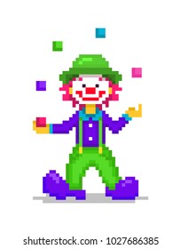 Pixel art illustration, happy smiling clown juggling 5 colorful balls isolated on white background. Circus show actor, male character in violet shirt and shoes, green hat and pants with suspenders.