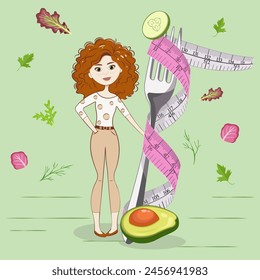 Pixel art illustration of happy woman with avocado and measuring tape