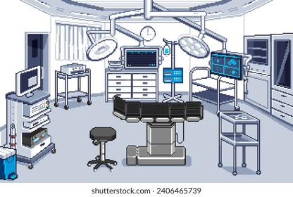 Pixel Art Illustrations-Krankenhaus Hintergrund. Pixellabor. Die Hintergrundlandschaft des Medical Hospital Lab ist für das Pixelkunstspiel pixelig.