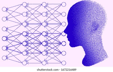 Ilustración de arte de píxeles con cabeza humana hecha de partículas. Ilustración conceptual de inteligencia artificial, aprendizaje automático y red neural.