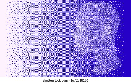 Ilustración de arte de píxeles con cabeza humana hecha de partículas. Ilustración conceptual de inteligencia artificial, aprendizaje automático y cibernetica.