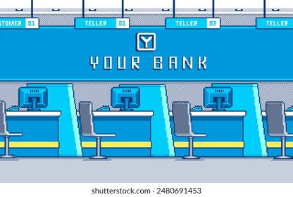 Ilustración de arte de píxeles dentro del fondo del banco. Fondo bancario pixelado. Fondo del banco de finanzas de moda pixelado para el juego de arte de píxeles y el icono para el Sitio web Video y