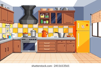 Ilustración de arte de Pixel Fondo de cocina. Cocina Pixelada. Fondo de cocina
pixelado para el juego de arte píxel e icono para el sitio web y el videojuego. retro de la vieja escuela.