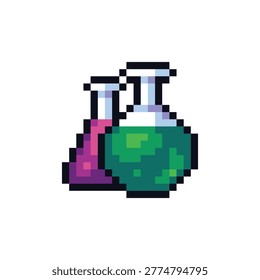 Pixel art illustration of laboratory flasks with colorful liquid in retro 8-bit style. Ideal for science, chemistry, education, laboratory themes, and game assets. Clean and vibrant pixel design suitable for UI, apps, and digital projects.
