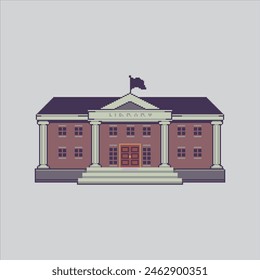 Biblioteca de ilustración de arte de píxeles. Biblioteca pixelada. Edificio de Biblioteca pixelado para el juego de pixel art e ícono para el Sitio web Video y