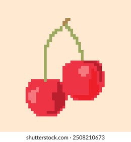 Ilustración del arte del pixel de una cereza roja clara con los subgrupos verdes en un fondo beige claro. Las cerezas están hechas en un estilo de bloque retro, lo que hace que este trabajo sea ideal para una variedad de proyectos creativos.