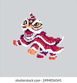 Pixel art illustration Lion Dance. Pixelated Lunar Lion. Lunar Lion Dance icon pixelated for the pixel art game and icon for website and video game. old school retro.