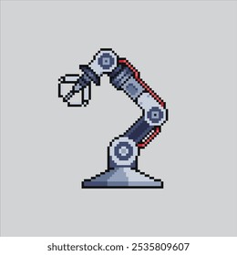 Illustration zur Pixelkunst Logistische Klaue. Verpixelter Industrieroboter. Logistic Industrial Claw Robot pixelated für die Pixel-Kunst-Spiel und Symbol für Website und Videospiel. Old School Retro.
