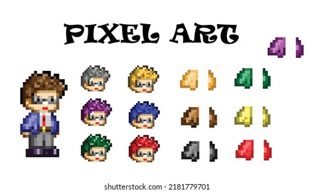 Pixel art illustration of male character, vector design.