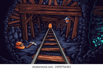 Pixel art illustration Mine Quarry. Pixelated tunnel. Mine Quarry Tunnel pixelated for
the pixel art game and icon for website and video game. old school retro.