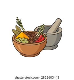 Pixel Art Illustration Of Mortar And Pestle With A Wooden Bowl Filled With Colorful Asian Spices