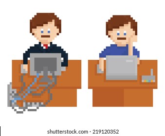 pixel art illustration - office table with wireless and wired computers and workers, isolated on white background