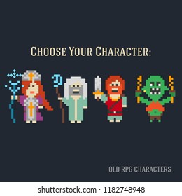 Pixel art illustration of old role-playing game characters.