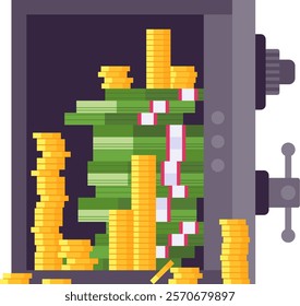 Pixel art illustration of an open safe box overflowing with gold coins and stacks of dollar banknotes, symbolizing wealth, savings, and financial success