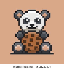 A pixel art illustration of a panda embracing a large chocolate chip cookie. The pixelated style adds a nostalgic and retro feel