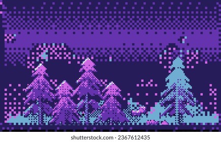 Pixel art illustration of a pine tree landscape. Vaporwave the 80s retro vibes style.