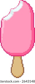 Ilustração de arte pixel de uma barra de sorvete rosa em um bastão com uma mordida tirada. Design de sobremesa estilo retro, vetor.