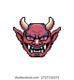 Eine Pixel-Art-Illustration eines roten Teufels Gesicht mit scharfen Zähnen, spitzen Ohren und gekrümmten Hörnern, in einem Retro-Videospiel Stil gerendert.