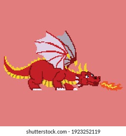 pixel art illustration of red dragon shoot fire from mouth