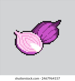 Ilustración de arte de píxeles Red Onion. Cebolla Pixelada. Shallot de la tienda de comestibles pixelado para el juego de pixel art y el icono para el Sitio web Video y