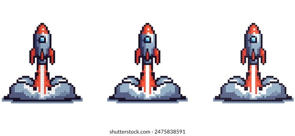 Pixel art illustration of a rocket launch with dynamic orange flames and billowing smoke against a clear backdrop.