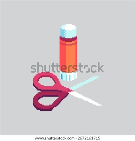 Pixel art illustration Scissors and Glue. Pixelated Office Tools. Scissors and Glue Office Tools Icon pixelated for the pixel art game and icon for website and video game. old school retro.
