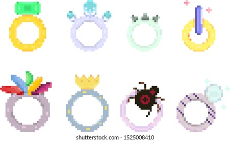 Pixel art illustration, set of 8 rings, gold jewelry, emerald, spider, crown , pearl, crystal, fantasy