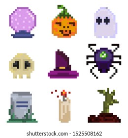 Pixel art illustration, set of 9 icons, halloween, ghost, witch hat, pumpkin, magic ball, candle, grave, spider, zombie