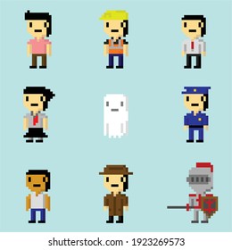 pixel art illustration sets collection of man, worker, woman, ghost, police, detective, knight