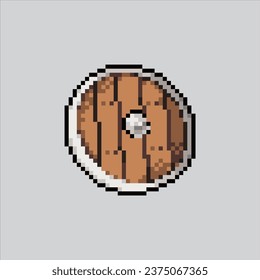 Escudo de ilustraciones de arte de píxeles. Escudo de madera pixelado. escudo de estilo de madera
icono pixelado para el juego de arte píxel e icono para el sitio web y el videojuego.
retro de la vieja escuela.