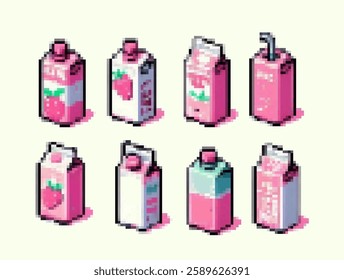 Pixel art illustration showcases eight pastel pink milk cartons with strawberry designs, arranged neatly on a light background, evoking a playful retro vibe.