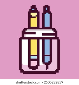 Pixel art illustration showcasing a vibrant and detailed office and school supplies scene. This digital artwork features a variety of pixelated items such as notebooks, pencils, erasers, rulers, and d