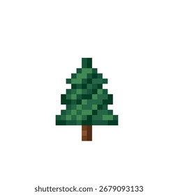 Ilustração da arte pixel de um pinheiro verde simples com um tronco marrom, isolado em um fundo branco, estilo retro de 8 bits.