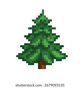 Pixel art illustration of a simple green pine tree with a brown trunk, isolated on a white background, 8-bit retro style.