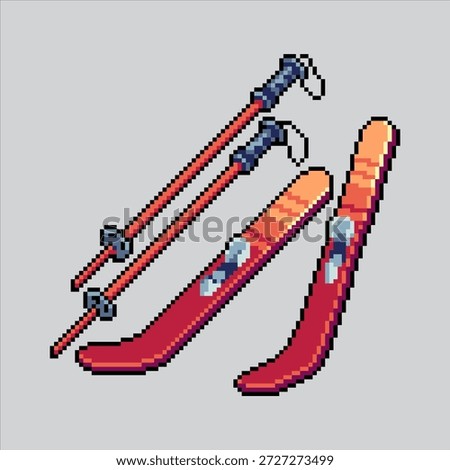 Pixel art illustration Snow Ski. Pixelated Skis Pole. Snow Skis and Pole Icon pixelated for the pixel art game and icon for website and video game. old school retro.