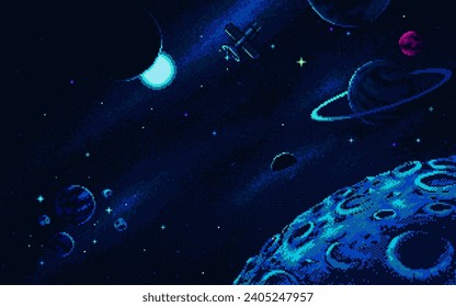 Pixel art illustration Space background. Pixelated Space. Space Galaxy universe background
pixelated for the pixel art game and icon for website and video game. old school retro.